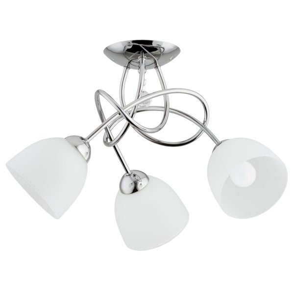 Moderne Deckenleuchte mit drei Lichtquellen und geschwungenen Metallarmen sowie opalen Glasschirmen