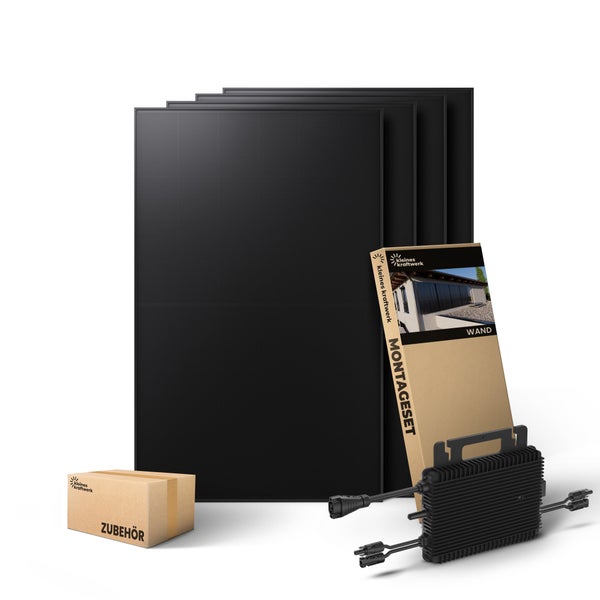 Kleines Kraftwerk Solarset fuer Wandmontage mit Solarmodulen, Montageset, Wechselrichter und Zubehoer.