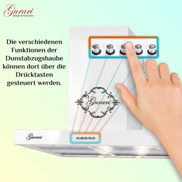Bedienung einer Gurari Dunstabzugshaube über mechanische Drucktasten mit Fokus auf die Funktionssteuerung.