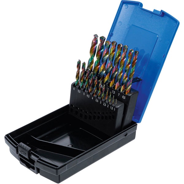 Bohrer-Set in geöffnetem blauen Kunststoffkoffer mit verschiedenen Größen