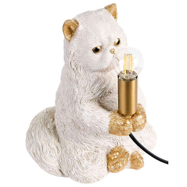 Tischleuchte in Form einer sitzenden Katze, weiß mit goldfarbenen Details an Ohren und Pfoten, inklusive LED-Leuchtmittel.