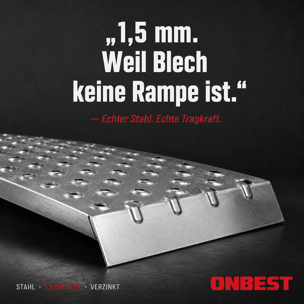 Detailansicht einer ONBEST Auffahrrampe aus 1,5 Millimeter dickem verzinktem Stahl mit rutschfestem Lochprofil.