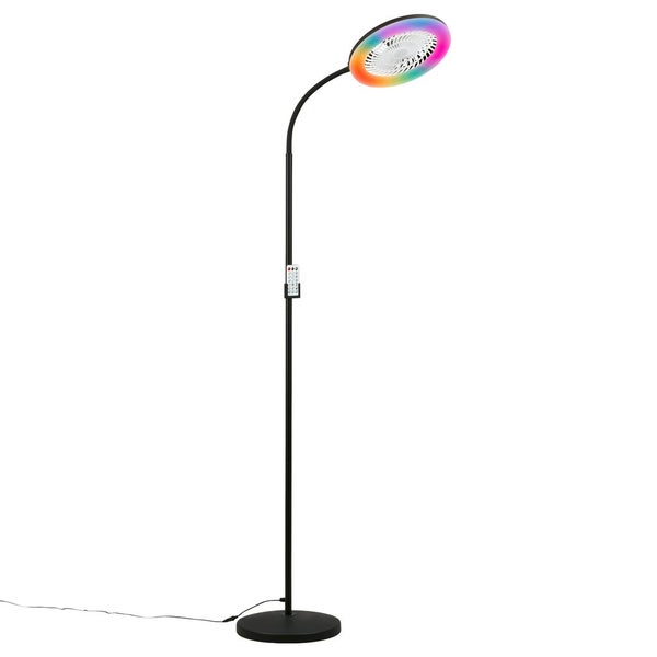 LED-Stehlampe mit integriertem Ventilator und RGB-Farbwechsel, inklusive Fernbedienung.