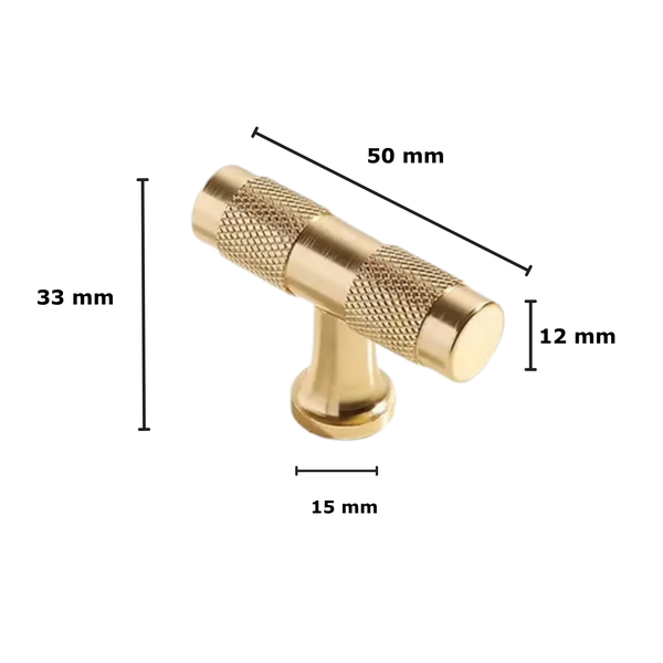 Möbelknopf aus Metall mit gerändelter Oberfläche und Maßangaben