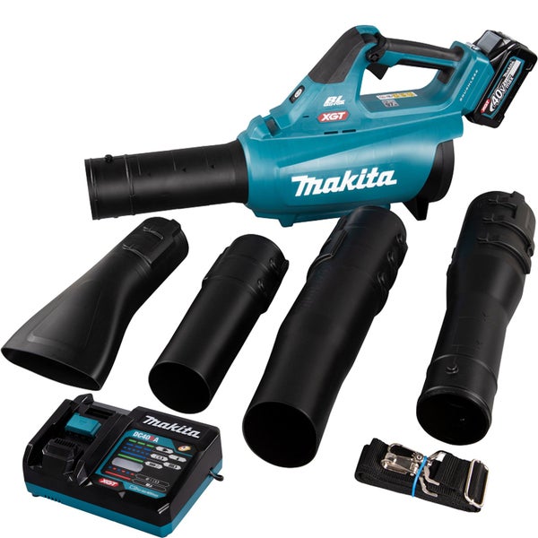 Makita Akku-Gebläse mit verschiedenen Düsen, Ladegerät und Tragegurt