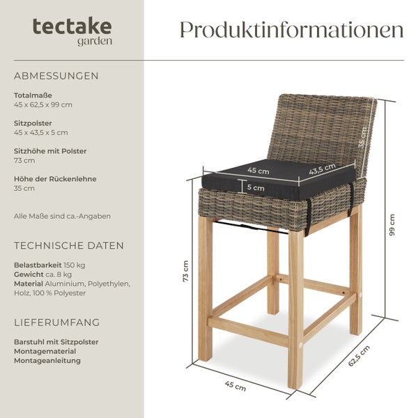 Rattan Barstuhl tectake Latina inklusive Sitzpolster, 45 x 62,5 x 99 cm mit Aluminiumgestell natur