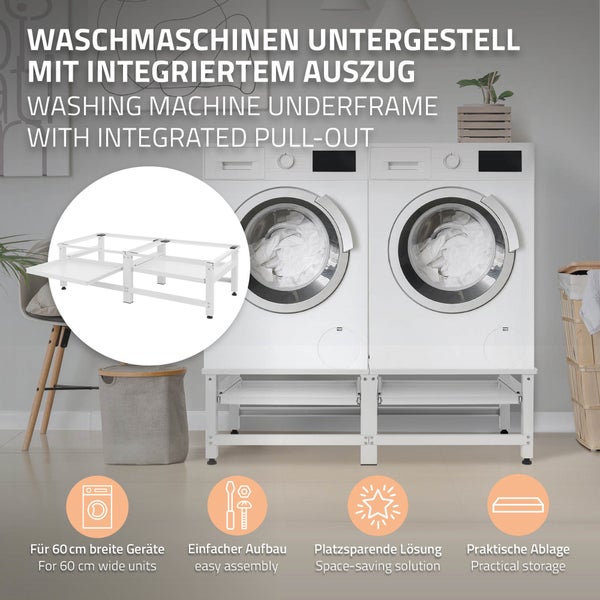 ML-Design Doppel Waschmaschinen-Untergestell mit 2 ausziehbaren Ablagen, Weiß, aus Stahl, bis 2x 150kg+10 kg, verstellbare Füße, Waschmaschinensockel 2-Fach, Doppeluntergestell Doppelpodest Erhöhung