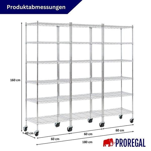PROREGAL Metallregal auf Rollen, 6 Ebenen, Breite 180 Zentimeter, Tiefe 40 Zentimeter, Höhe 160 Zentimeter. PROREGAL Logo.