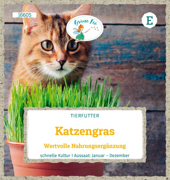Samentüte für Katzengras mit Grüne Fee Logo, Abbildung einer Katze und frischem Gras.