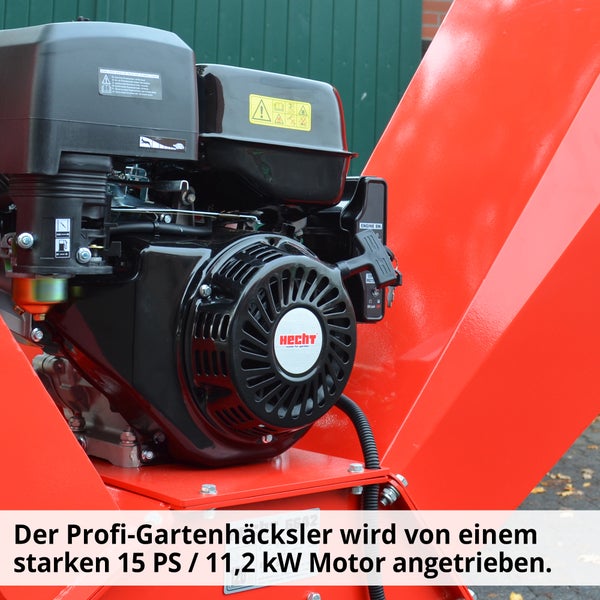 Detailaufnahme des Motors eines Gartenhäckslers der Marke Hecht
