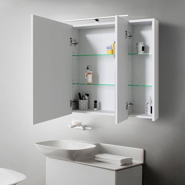 ML-Design Spiegelschrank Bad 3-Türig mit LED Beleuchtung, Steckdose, Lichtschalter und 6 höhenverstellbaren Glaseinlegeböden, 90x72x15 cm, Weiß, Badschrank Badezimmerschrank Badspiegel Wandspiegel