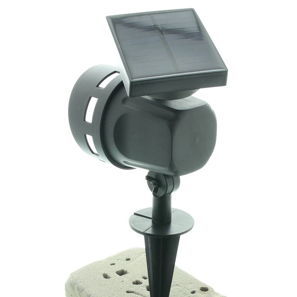 Solar-Gartenstrahler mit Erdspieß und quadratischem Solarpanel aus schwarzem Kunststoff.