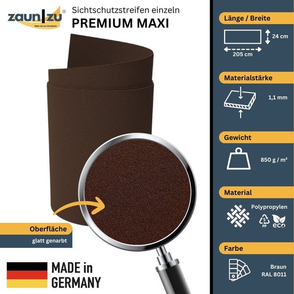 Zaun zu Sichtschutzstreifen Premium Maxi, braun, glatte Oberfläche, Material Polypropylen, Maße 205 cm x 24 cm
