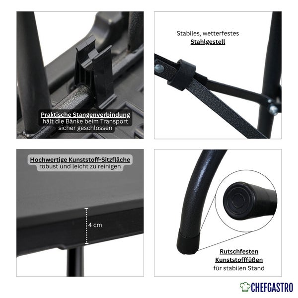 Hand hält den Tragegriff eines zusammengeklappten Klapptisches. Inklusive Tragegriff. CHEFGASTRO Logo.