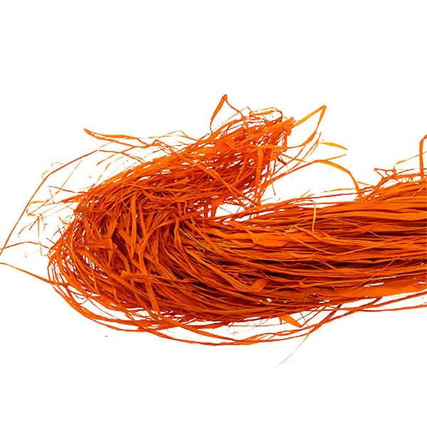 Bündel aus orangefarbenem Bast, Naturfaser für Dekorationszwecke und zum Basteln.