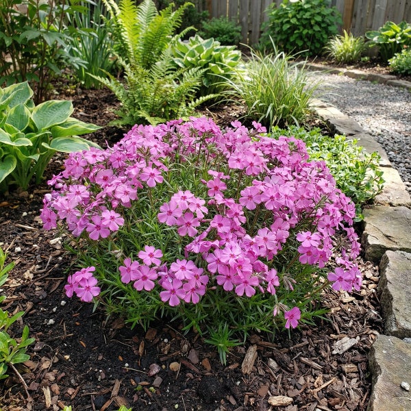 Hellrosa Polster-Phlox in voller Blüte in einem gepflegten Gartenbeet mit Rindenmulch, Steinen und grünen Pflanzen im Hintergrund.
