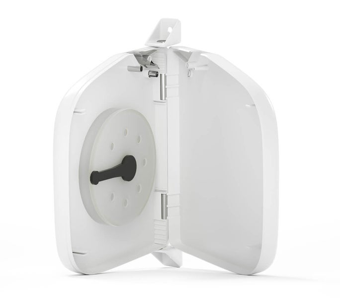 Geöffneter, weißer Toilettenpapierspender für die Wandmontage