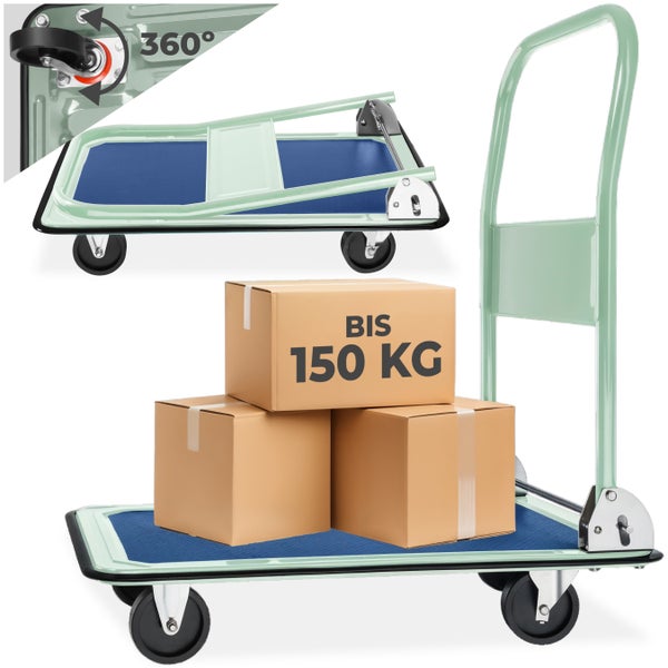 Handwagen mit Kartons, bis 150 Kilogramm belastbar und 360 Grad drehbaren Rädern.