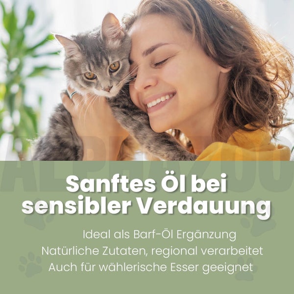 Frau hält Katze, Text wirbt für sanftes Öl bei sensibler Verdauung