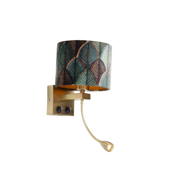 Wandleuchte Bronze mit Samtlampenschirm Blattdesign und goldfarbener Innenseite - Brescia Combi