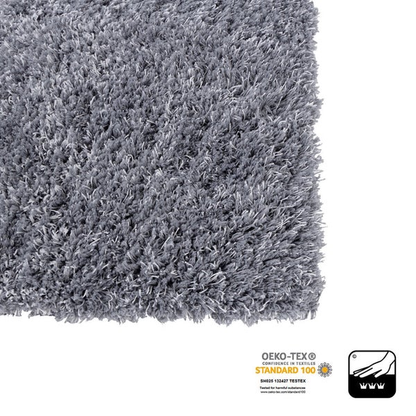 Grauer Shaggy Teppich mit OEKO-TEX Standard 100 Siegel und Symbol für Fußbodenheizung geeignet