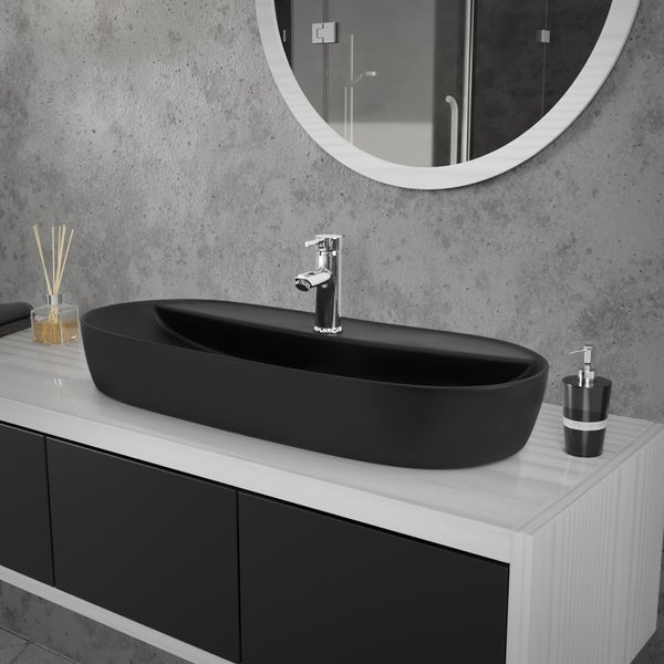 ML-Design Waschbecken aus Keramik Schwarz 80x40x12 cm Oval inkl. Ablaufgarnitur, Moderne Aufsatzwaschbecken, Design Waschtisch Aufsatz-Waschschale Waschplatz Handwaschbecken, für Badezimmer/Gäste-WC