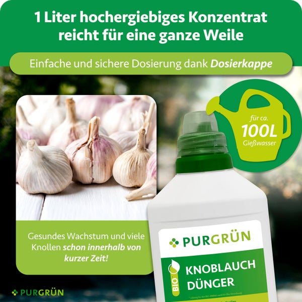 Purgrün Logo, Bio Knoblauchdünger Konzentrat 1 Liter für circa 100 Liter Gießwasser, Dosierkappe und Abbildung von Knoblauchknollen.