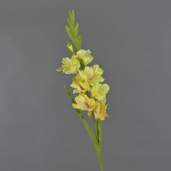 Künstliche Gladiole mit gelben Blüten und grünem Stiel.