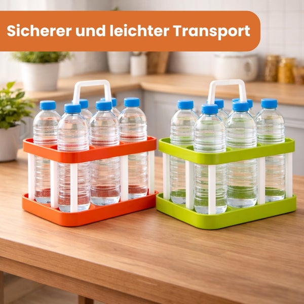 Zwei Flaschenträger aus Kunststoff in Orange und Grün auf einem Küchentisch, gefüllt mit Wasserflaschen für sicheren Transport.