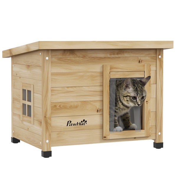 Katze in Katzenhaus aus Holz mit PawHut Logo