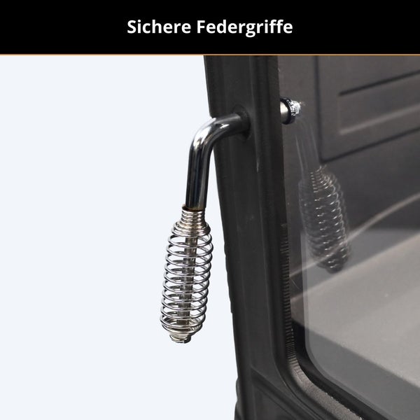 Nahaufnahme eines verchromten Federgriffs an einer Grilltür für sichere Handhabung.
