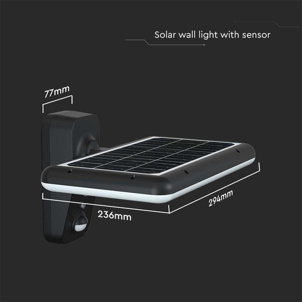 Solar Wandleuchte mit Sensor und Größenangaben