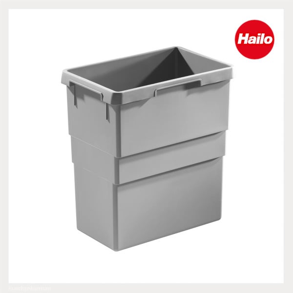 Grauer Hailo Ersatzbehälter aus Kunststoff für Abfallsammler. Hailo Logo.