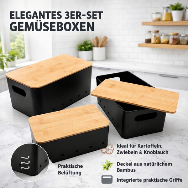 Set aus drei Gemüsekisten mit Bambusdeckel und Belüftungslöchern zur Lagerung von Kartoffeln, Zwiebeln und Knoblauch in der Küche.
