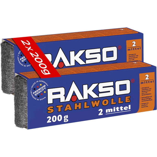 Rakso Stahlwolle Stärkegrad 2 mittel, Doppelpackung 2 mal 200 Gramm, zur Reinigung und Oberflächenbearbeitung.