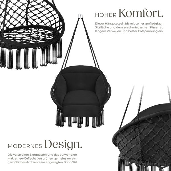 Schwarzer Hängesessel im modernen Boho-Stil mit Makramee-Geflecht, dekorativen Zierquasten und komfortablem Sitzkissen aus verschiedenen Perspektiven.