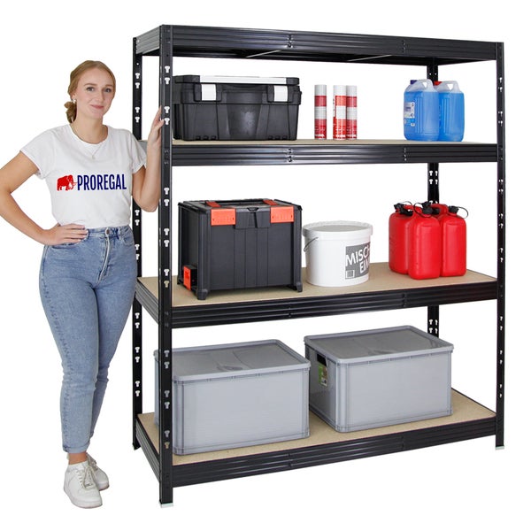 PROREGAL Profi Schwerlastregal Rhino HxBxT 180 x 160 x 60 cm 4 Spanplatten-Ebenen 8mm Fachlast 500 kg Schwarz