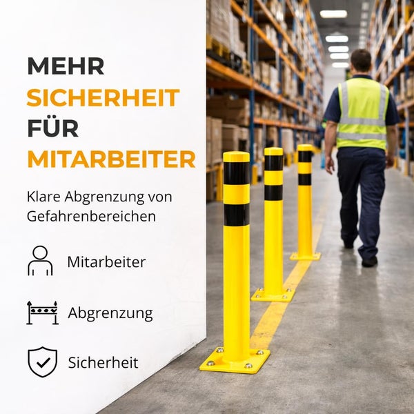 Sicherheits-Poller im Lager zur Abgrenzung von Gefahrenbereichen und zum Schutz von Mitarbeitern.