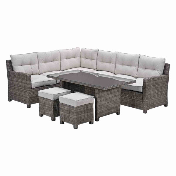 Lounge-Set aus Polyrattan mit Ecksofa, Esstisch mit Glasplatte, zwei Hockern und Polstern.