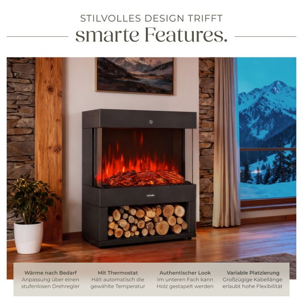 Dekorativer Elektrokamin mit Holzlagerfach in einem Wohnzimmer mit Bergblick.