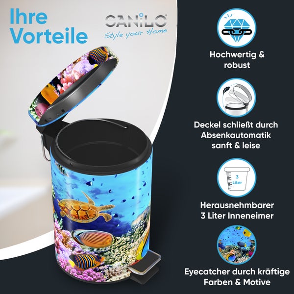 Sanilo Logo, Treteimer mit Unterwasser-Motiv, 3 Liter Volumen, Absenkautomatik, herausnehmbarer Inneneimer, robustes Design.