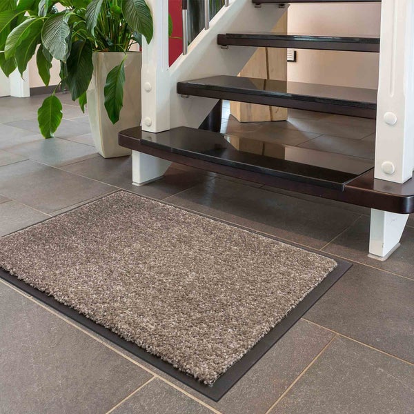 Schmutzfangmatte aus Textil vor Treppe und Zimmerpflanze