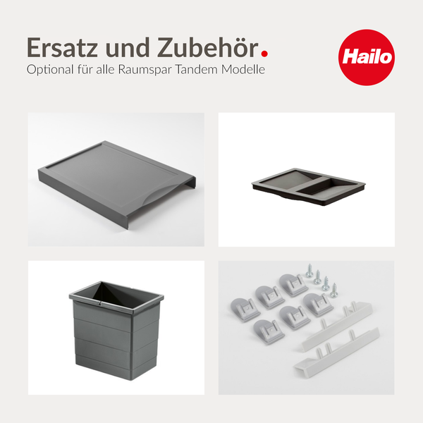 Hailo Logo sowie Ersatzteile und Zubehör wie Deckel, Ablageschale, Mülleimer und Montageset für Raumspar Tandem Abfallsysteme.