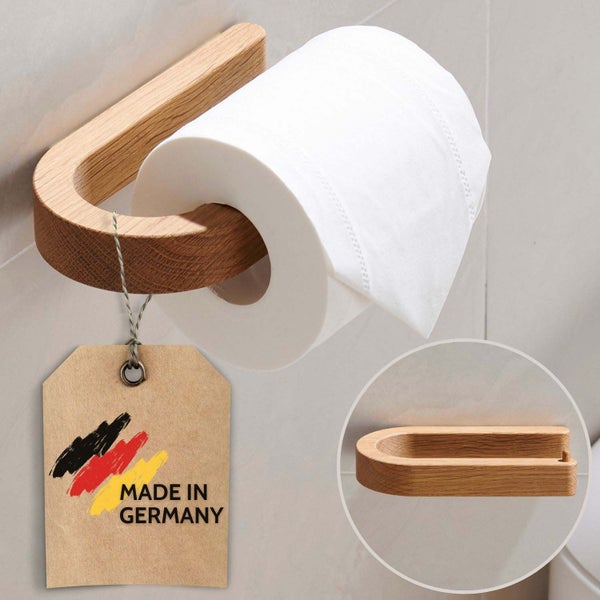 DEKAZIA® Toilettenpapierhalter Holz | Toilettenpapierhalter ohne Bohren | Klopapierhalter ohne Bohren | Klorollenhalter ohne Bohren | WC Papier Halterung | Klopapier Halterung WC Rollenhalter Eiche