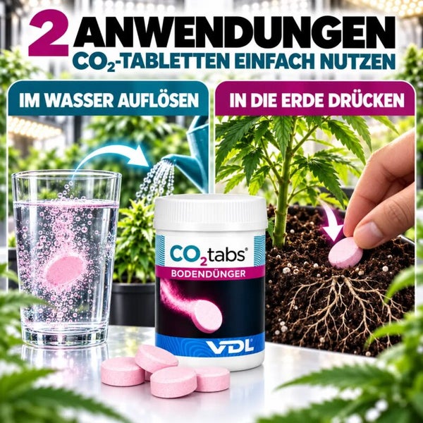 VDL Kohlendioxid Bodenduenger Tabletten in Dose mit Anwendungsbeispielen zur Aufloesung im Wasser und Einbringung in die Erde fuer Pflanzen.