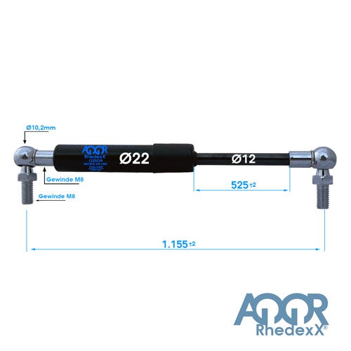 Gasdruckfeder mit Kugelgelenken, Durchmesser 22 Millimeter, Hub 525 Millimeter, Gesamtlänge 1155 Millimeter, Gewinde M8, RhedeXX Logo.