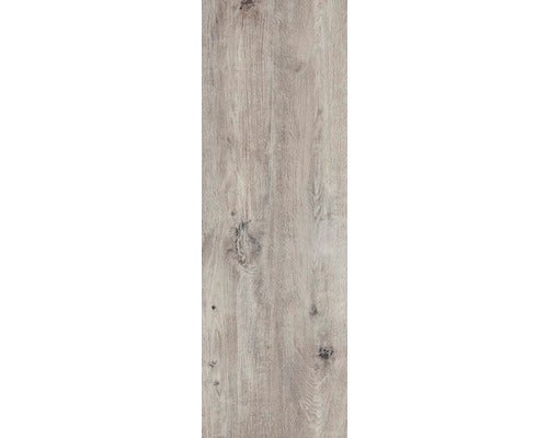 Graue Bodenfliese oder Paneel in Holzoptik mit Astlöchern und Maserung.