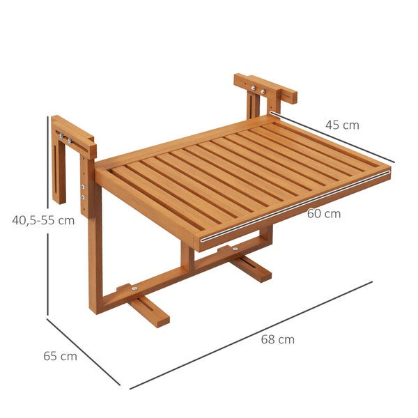 Outsunny Balkontisch zum Einhängen, klappbar Balkonhängetisch, höhenverstellbar Hängetisch, bis 20 kg belastbar, für Terrasse, Garten, Kiefer, 68 x 65 cm, Teak