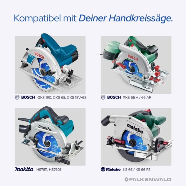 FALKENWALD ® Sägeblatt 190x30 60 Zähne - Ideal für Holz, Metall & Alu - Multi Kreissägeblatt 190x30 - Kompatibel mit Handkreissäge von Bosch & Makita - 190x30