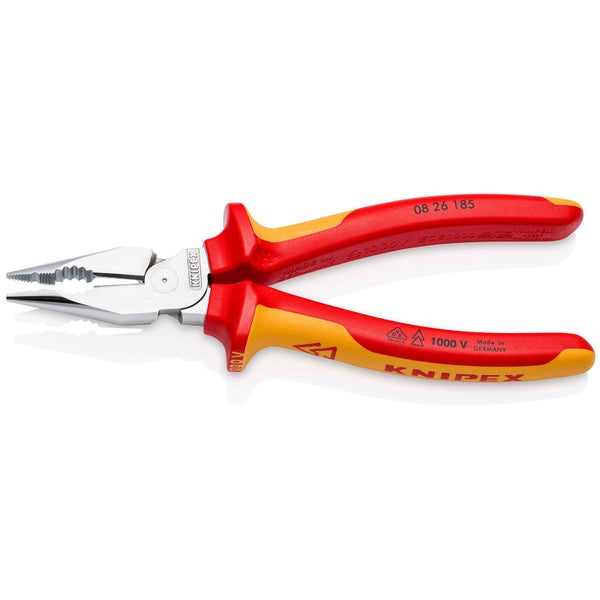 Knipex Spitz-Kombizange isoliert mit Mehrkomponenten-Hüllen VDE-geprüft verchromt 185 mm - 0826185